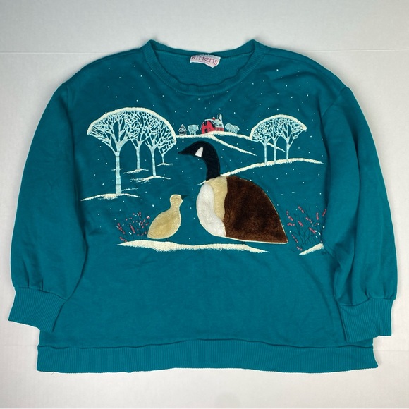 Vintage Canadian Goose and Baby Barn Kittens Women’s Large Sweatshirt Fur Teal - Picture 1 of 8
